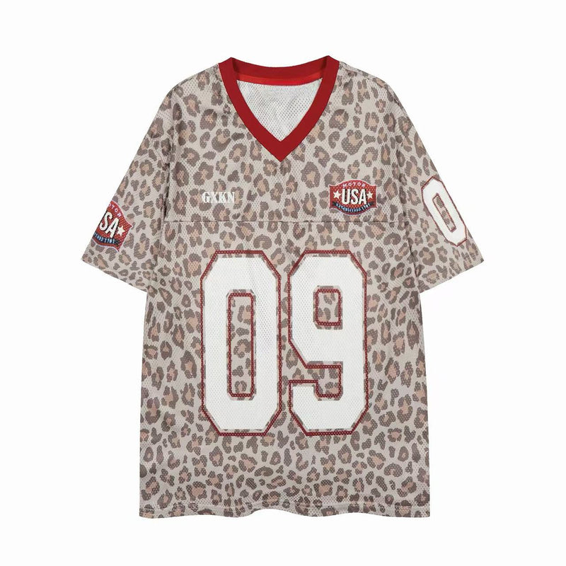 Leopard print varsity mesh jersey with red trim and large number 09 graphic on the front