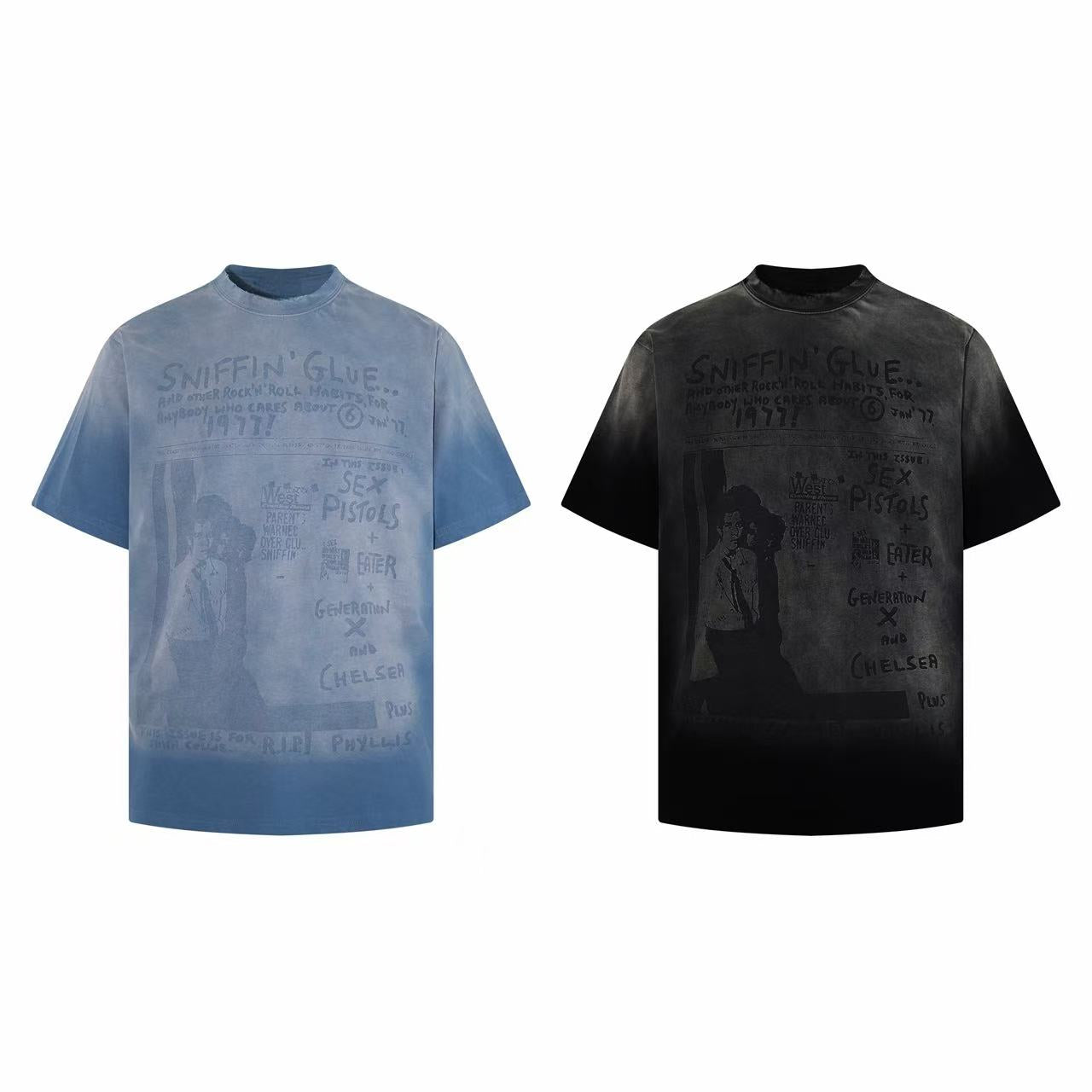 Omirad Sniffin' Glue washed blue graphic t-shirt with 1977 punk zine collage print on chest