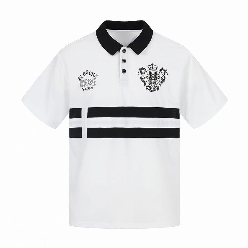 Men's white polo shirt with black collar, embroidered crest, and bold horizontal stripe accents