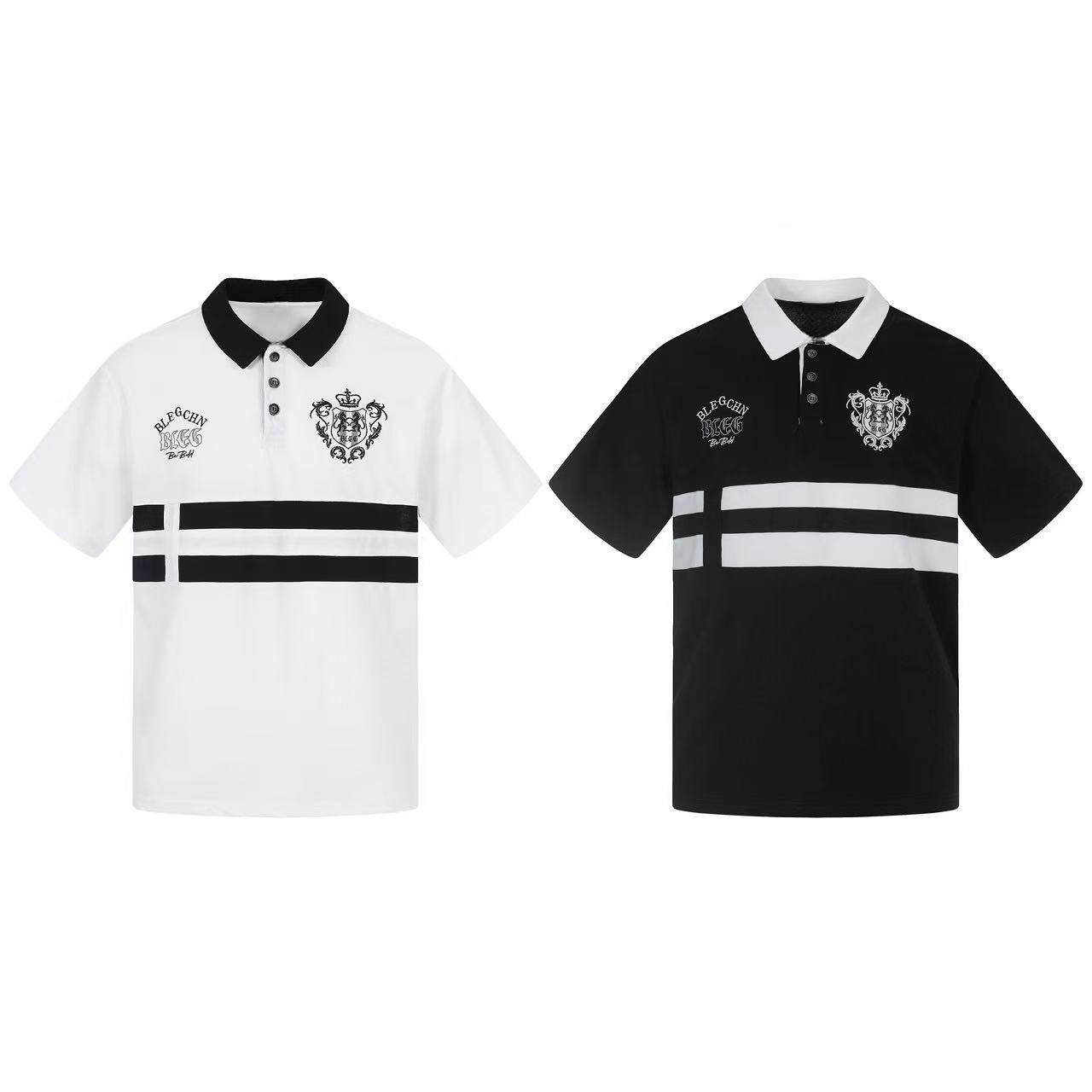 White men's polo shirt with black contrast stripes and embroidered crest detail on a flat lay background