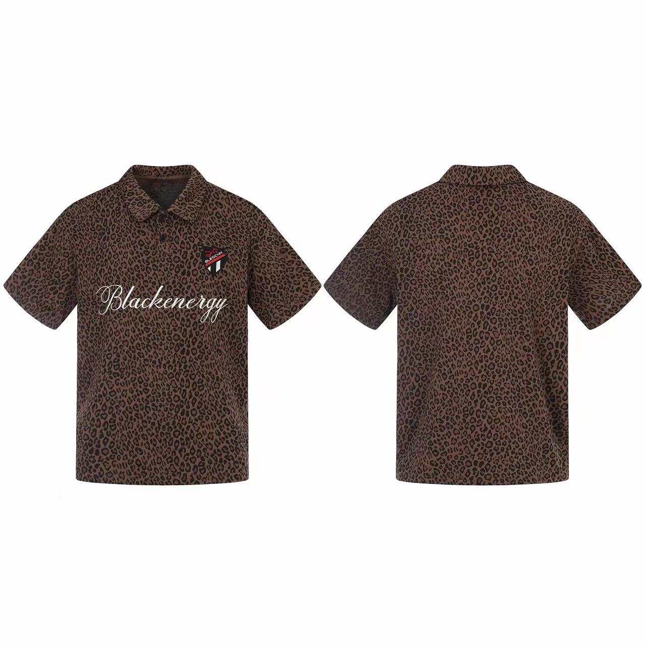 Front and back view of a brown leopard print polo shirt with cursive Blackenergy script and chest patch badge