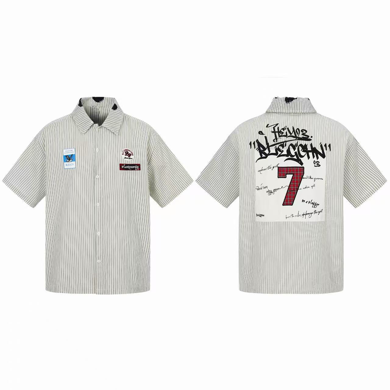 Front and back view of a sage pinstripe short-sleeve shirt with front patches and bold graffiti number 7 back graphic