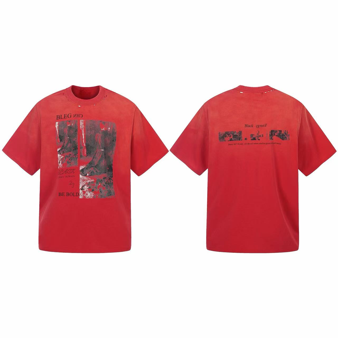 Omirad red vintage distressed graphic tee with collage-style front print, worn collar detailing, and relaxed oversized fit