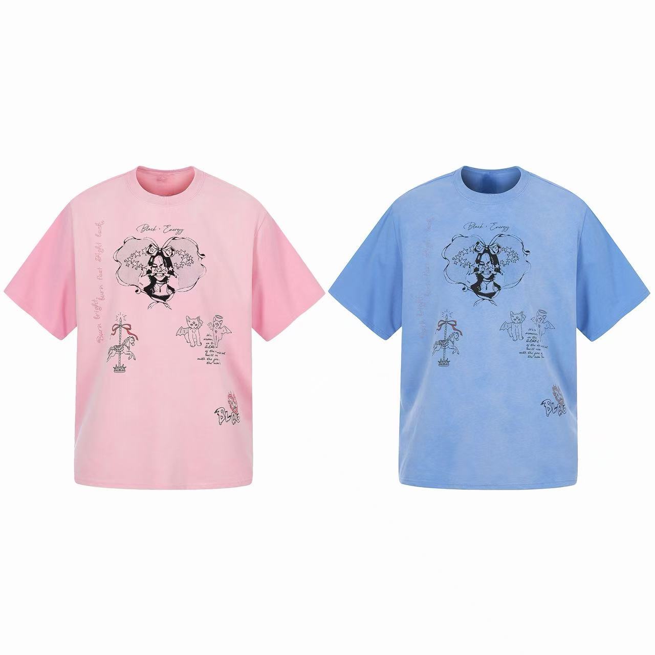 Pink and blue Omirad Cute Sketch Graphic Tees with hand-drawn heart, character, winged cat, and carousel horse illustrations