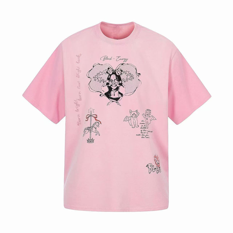 Pink graphic tee with black sketch art, stars, and cute angel-inspired illustrations on the front