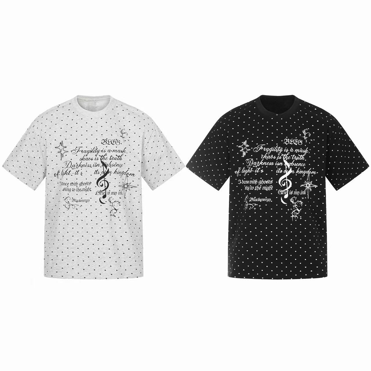 Light grey allover mini heart print cotton tee with gothic script and treble clef graphic on the front, relaxed fit