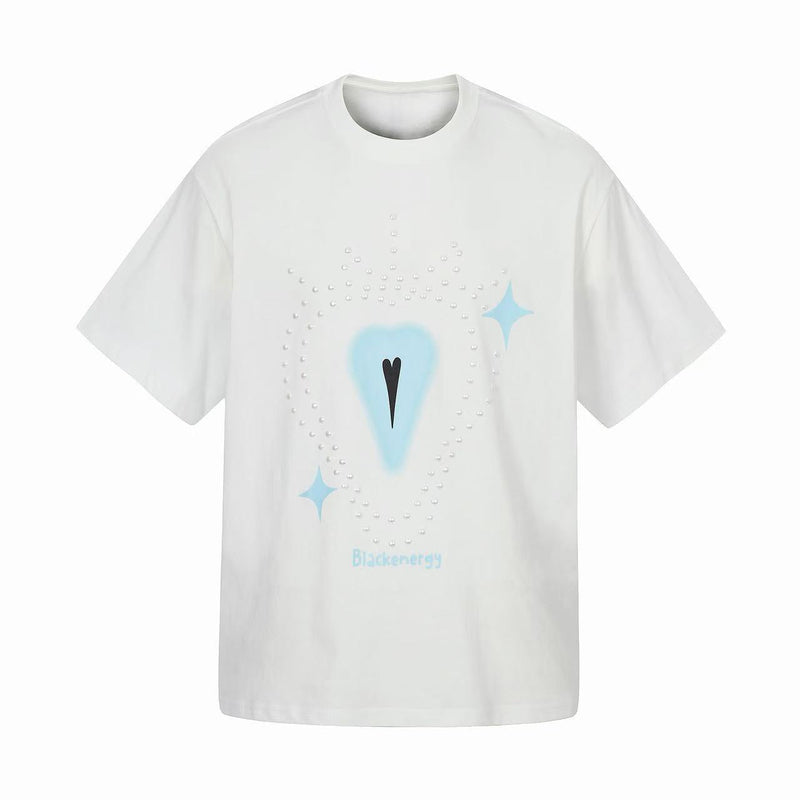 White oversized tee with rhinestone heart graphic, blue accent stars, and Blackenergy text on the front