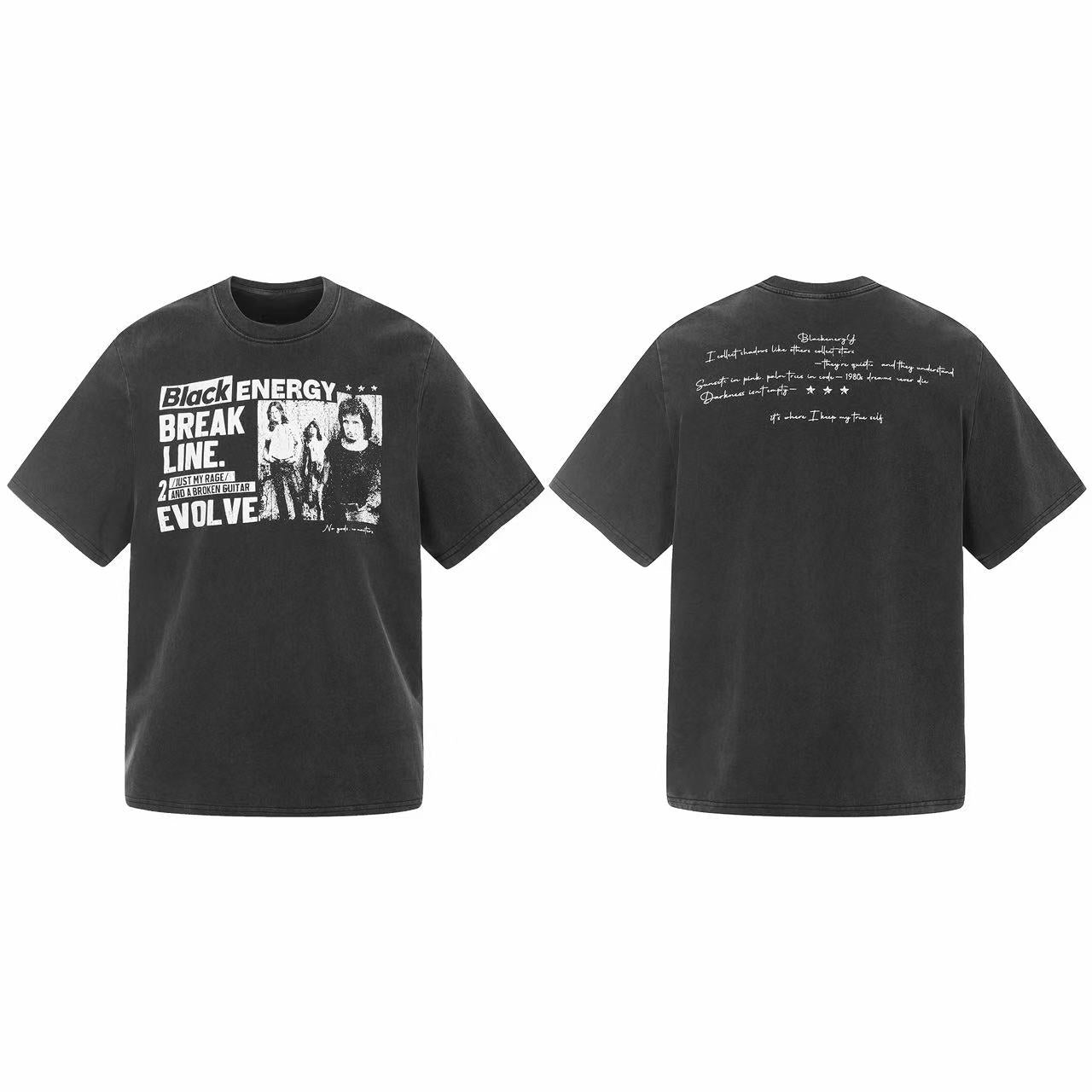 Omirad Break Line vintage washed black graphic t-shirt front and back on white background