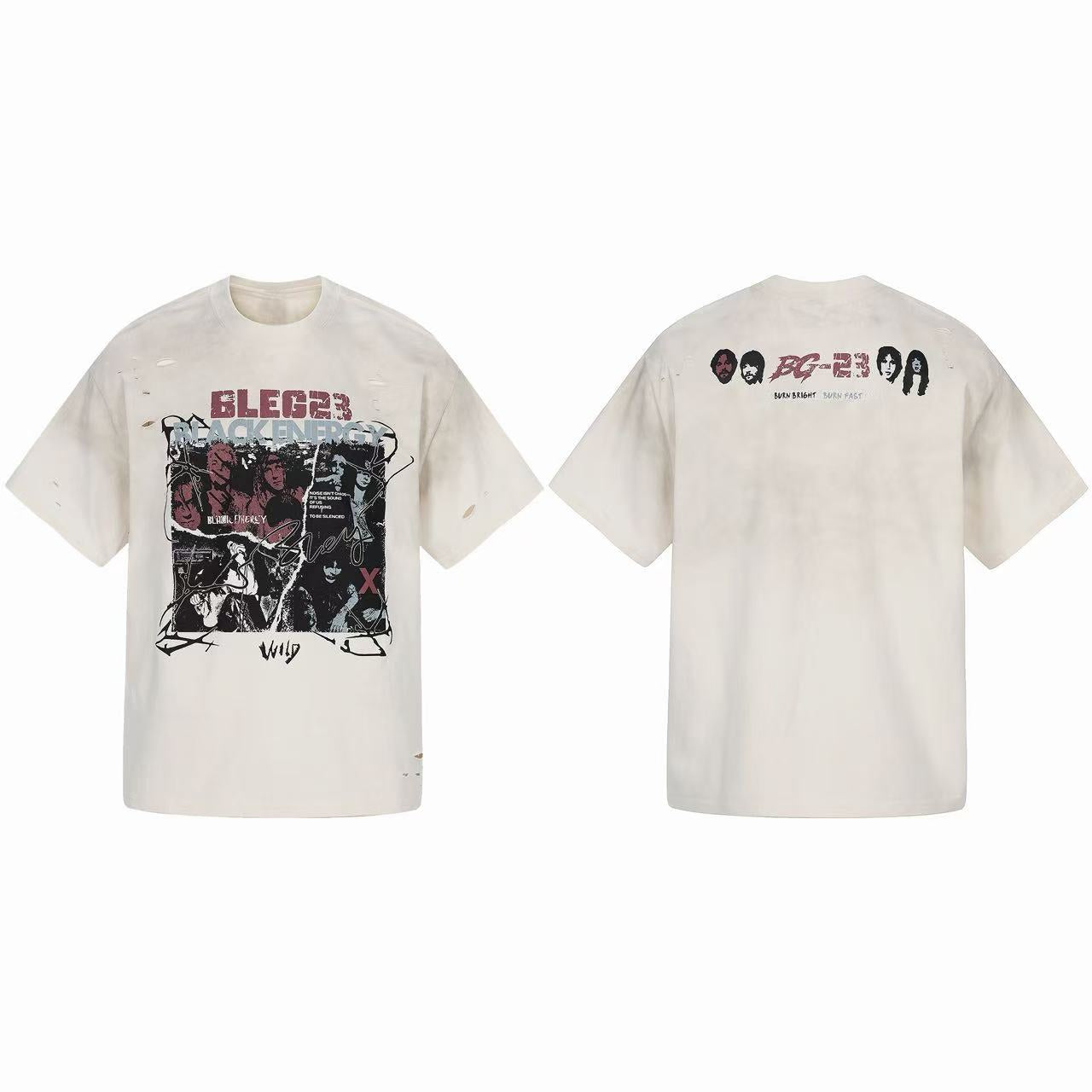 Cream distressed oversized t-shirt with rock band collage graphic print on front, worn vintage wash finish