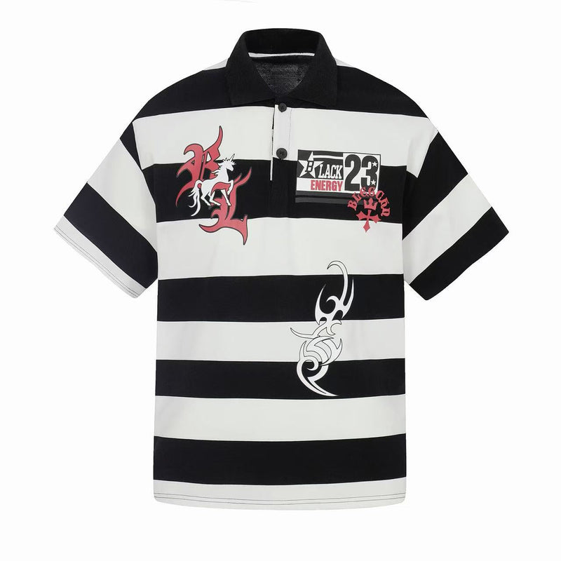 Black and white striped rugby polo shirt with graphic prints and short sleeves