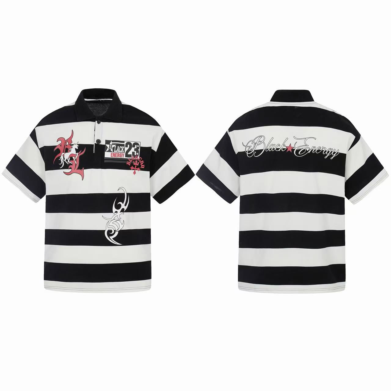 Black and white wide-stripe rugby polo shirt with red gothic graphics, unicorn motif, tribal print, and embroidered patch on