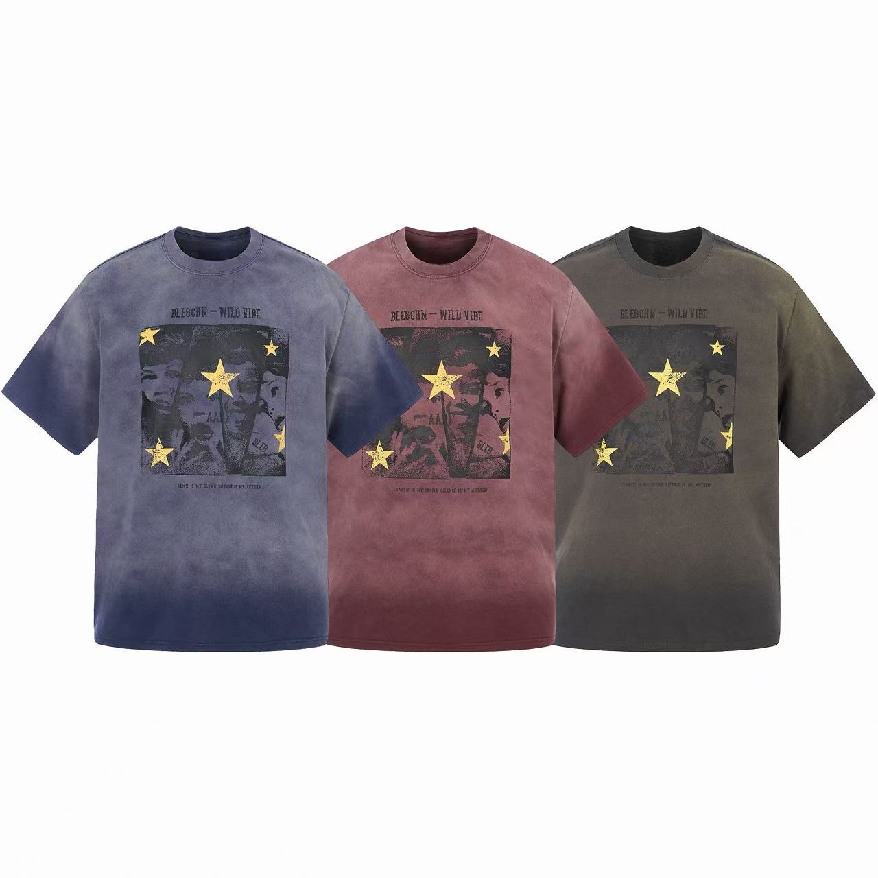 Three acid-washed graphic t-shirts in navy, burgundy, and olive with gold star print and faded portrait artwork
