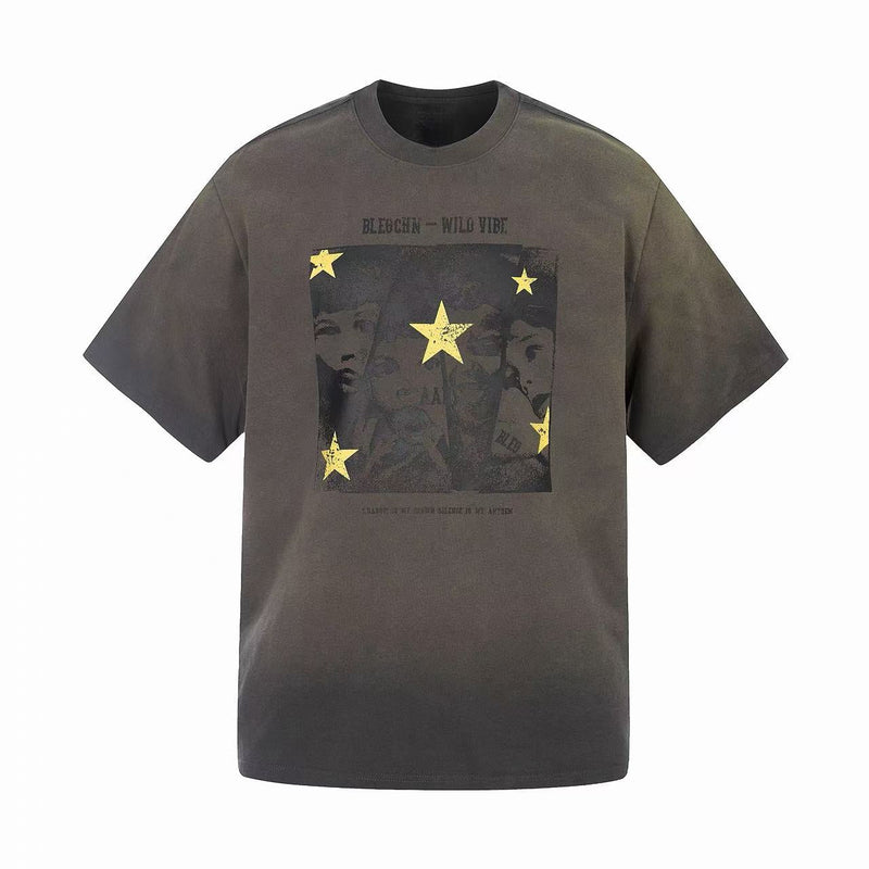 Vintage washed charcoal graphic T-shirt with star print and faded streetwear-style front design