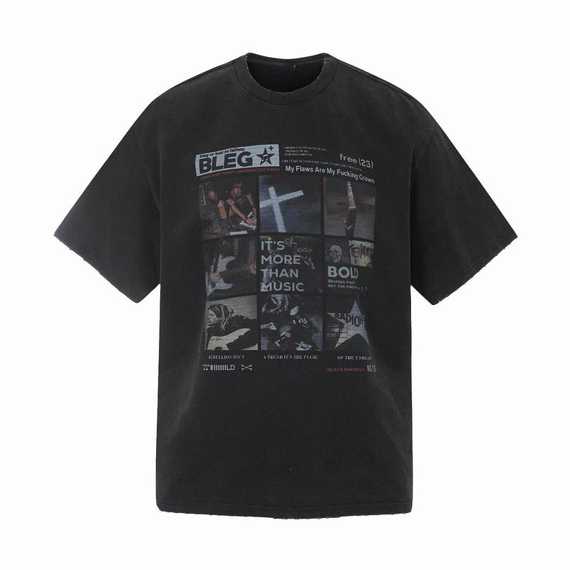 Black vintage washed graphic T-shirt with collage-style front print and oversized streetwear fit