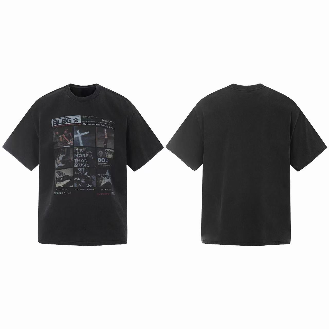 Omirad More Than Music washed black graphic t-shirt with music collage print, front and back view