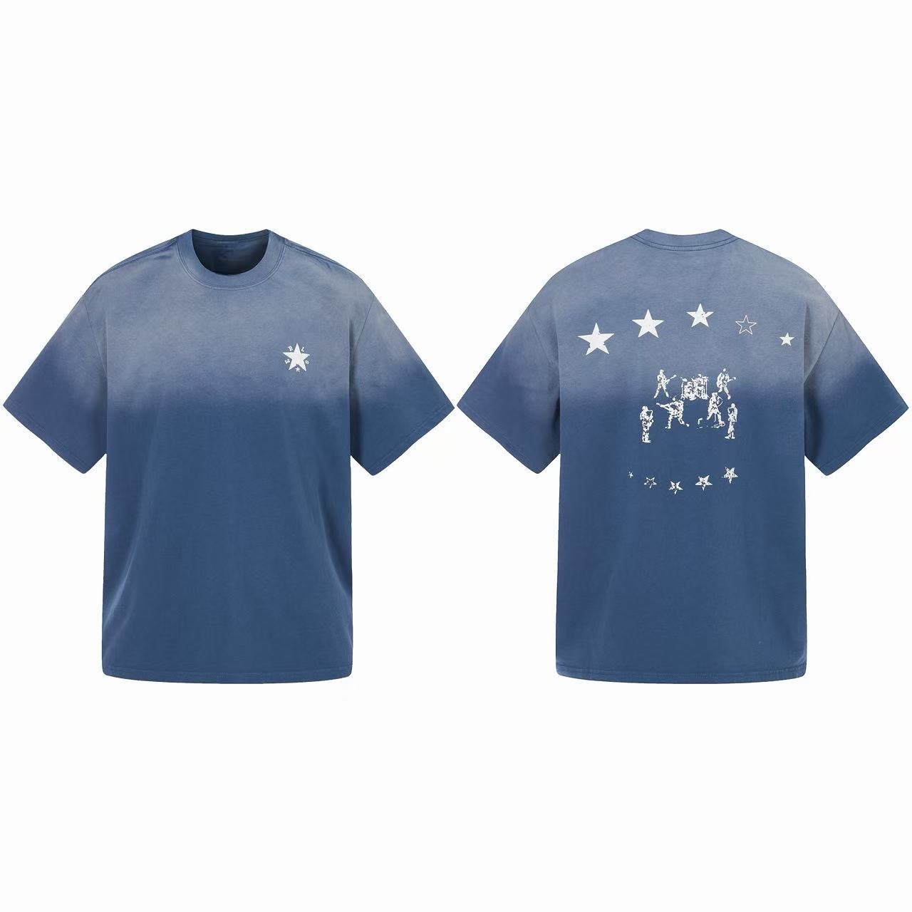 Omirad blue gradient washed oversized graphic tee showing front and back with star prints and band illustration