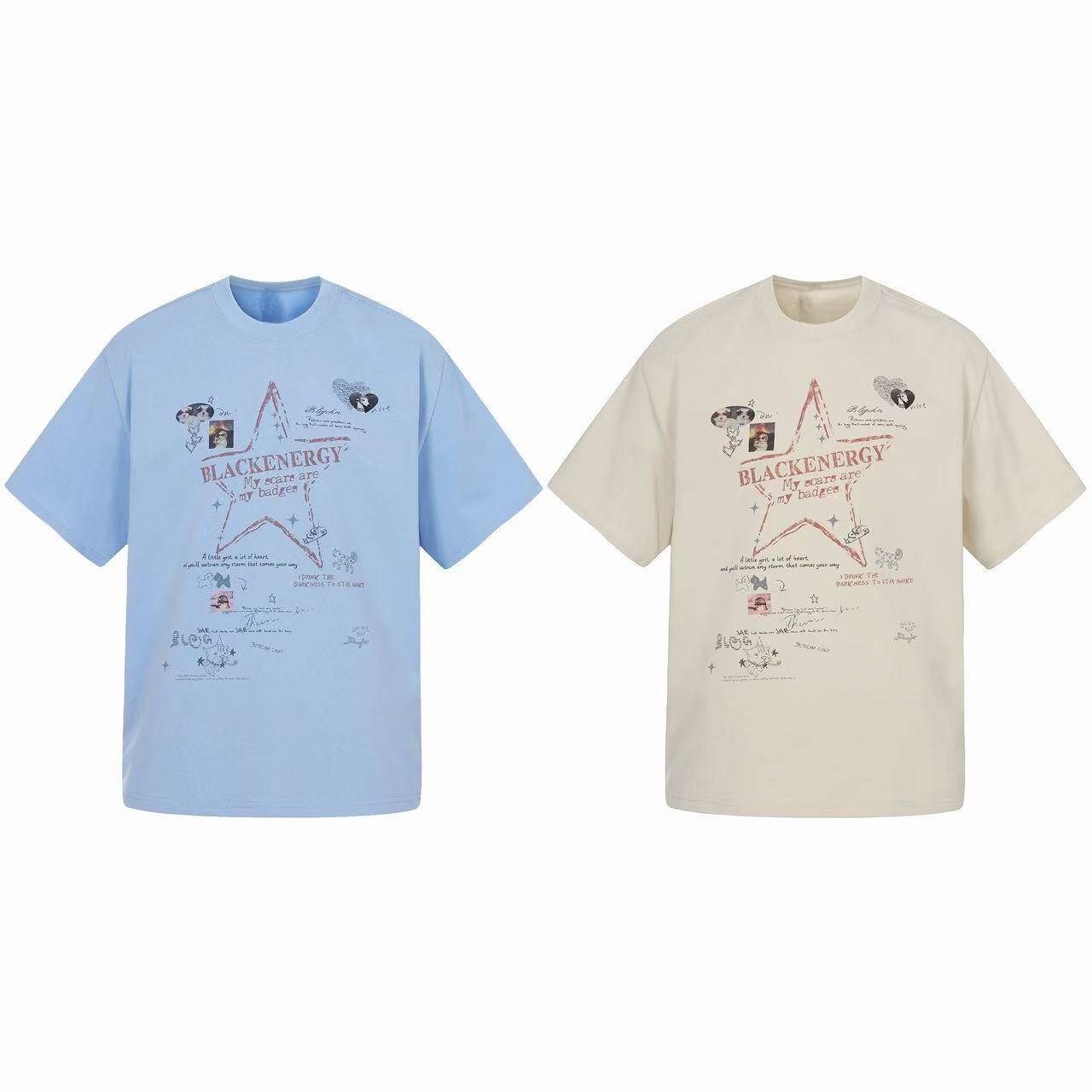 Sky blue oversized graphic t-shirt with red star outline, handwritten script text, and collage artwork on the front
