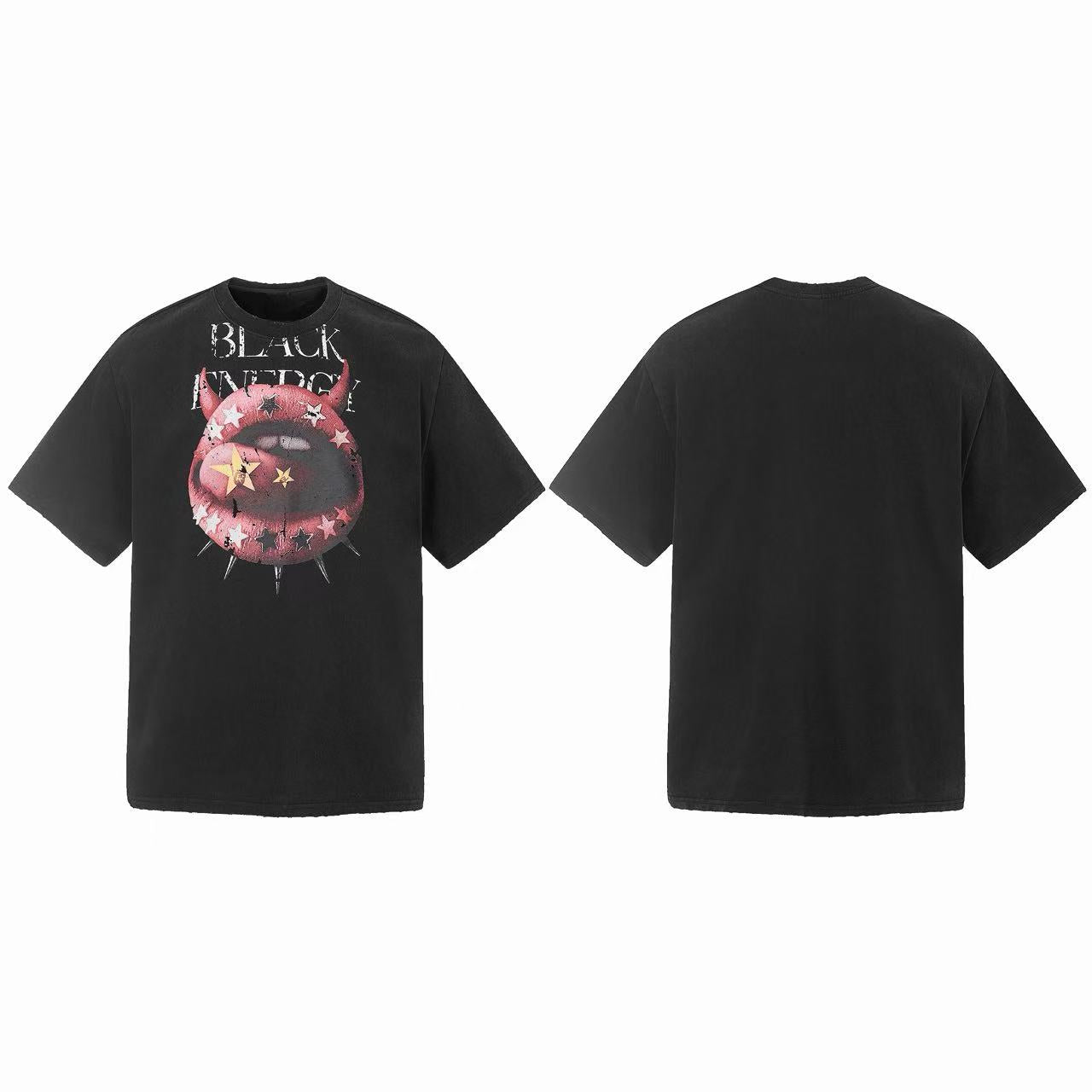 Black oversized graphic tee with devil lip, star overlay, spike details, and distressed Black Energy print on the front