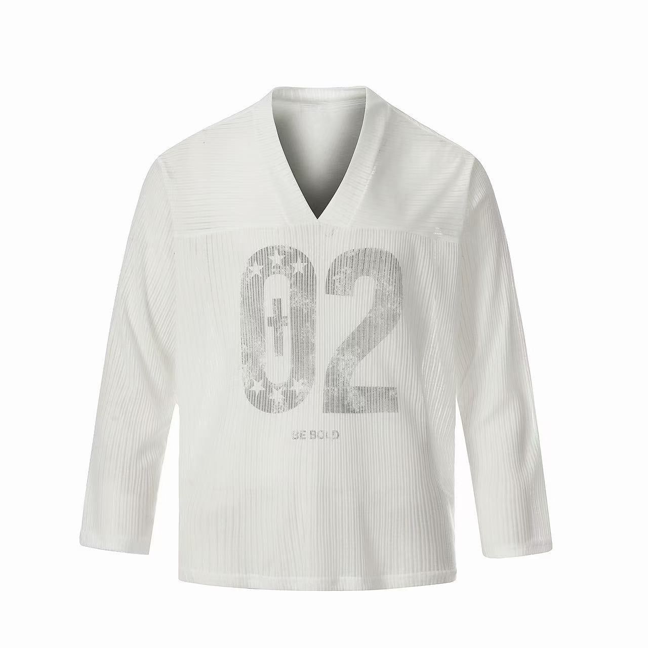 White long sleeve V-neck tee with distressed 02 varsity graphic and star details on the front