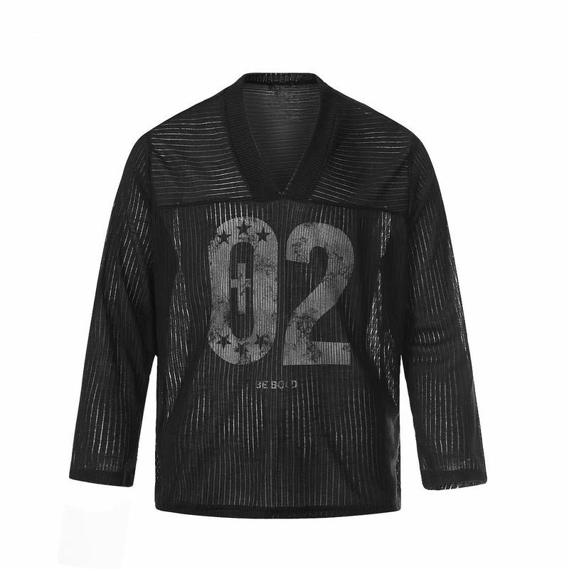 Black ribbed long sleeve V-neck tee with large 02 graphic on front
