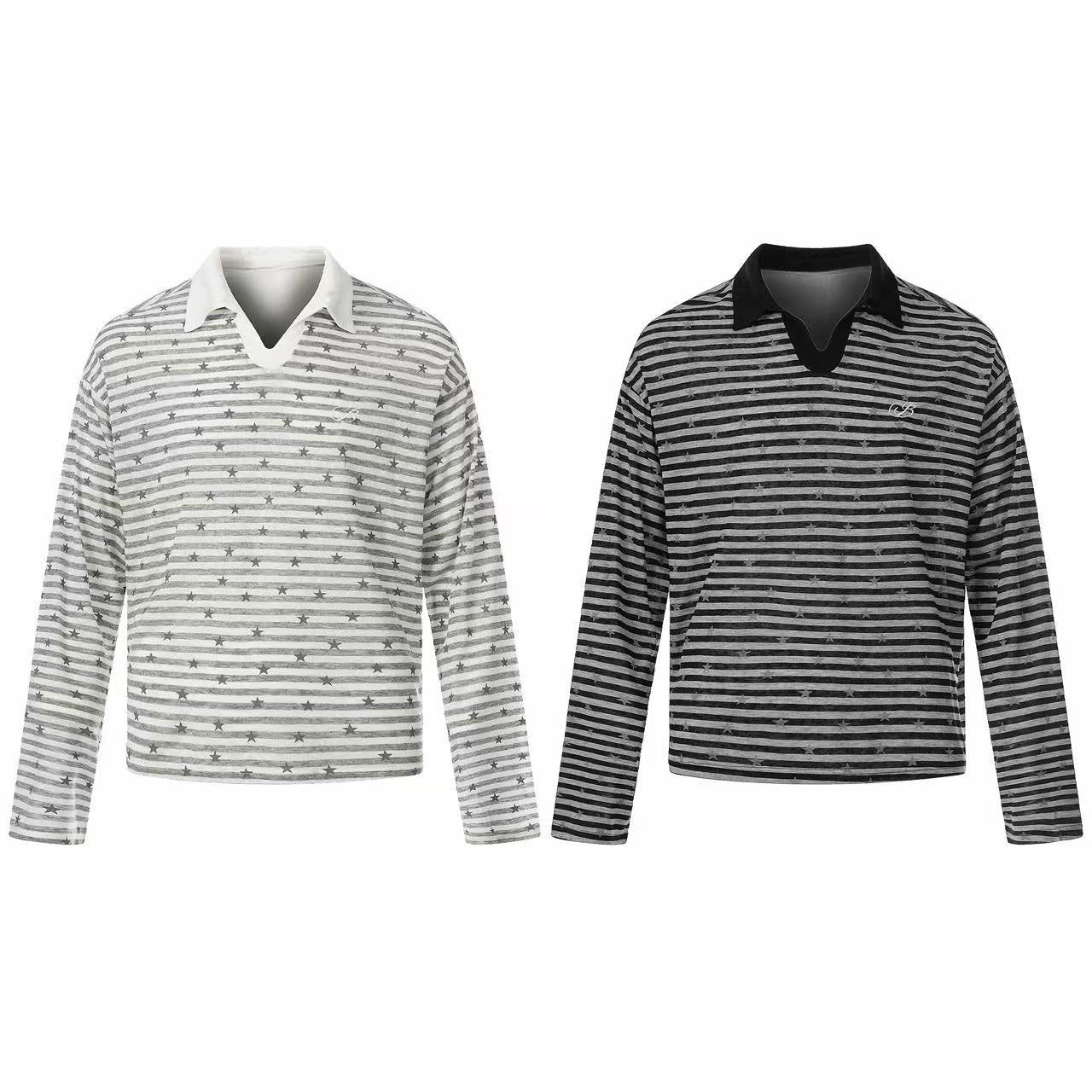 Light grey star stripe long sleeve polo shirt with cream contrast collar and all-over star print, displayed flat on white bac
