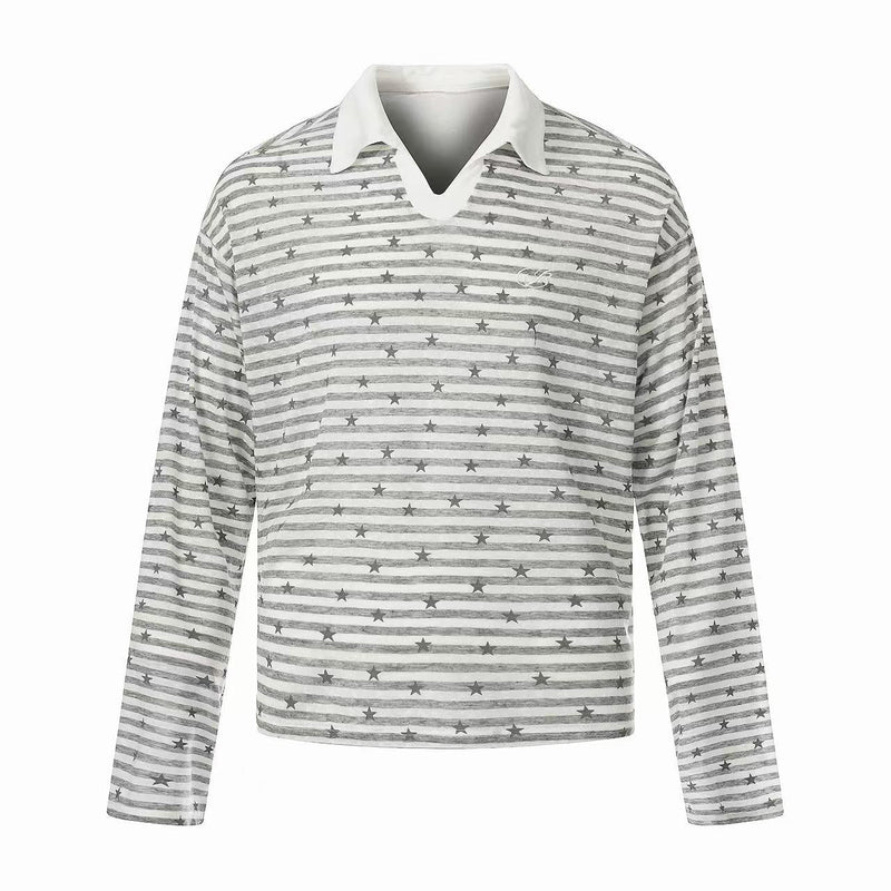 Gray striped long sleeve polo shirt with star print and white collar, front view