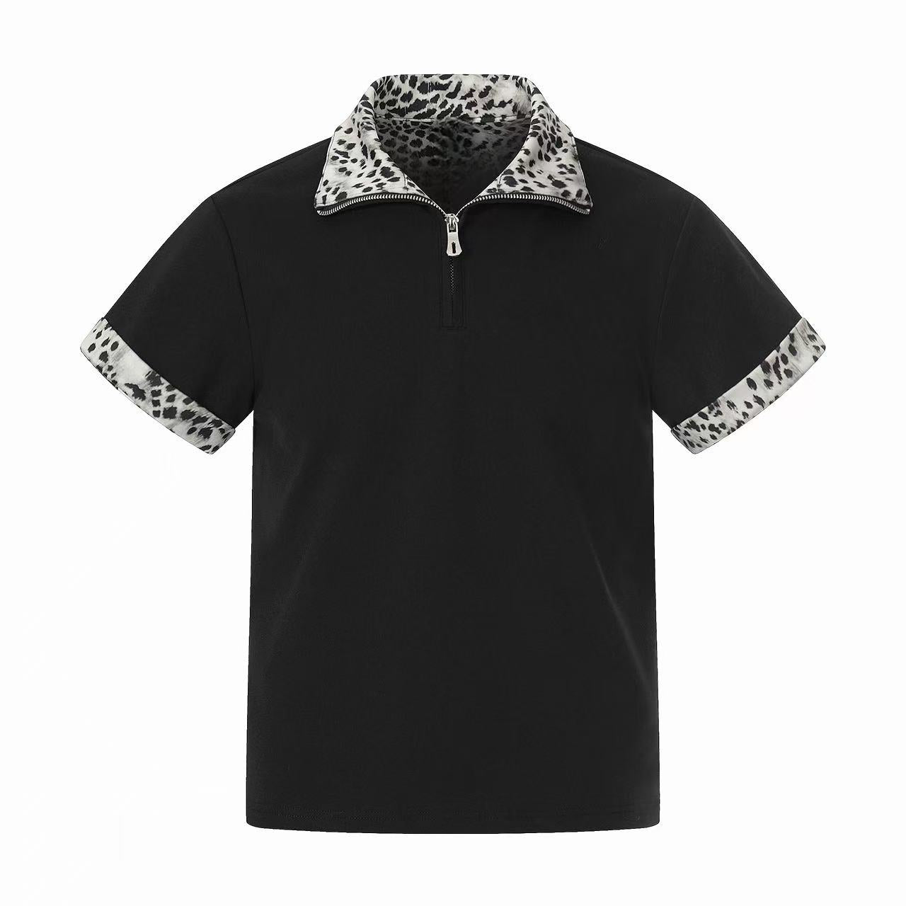 Leopard Trim Quarter-Zip Polo Shirt | Streetwear Cotton Tee