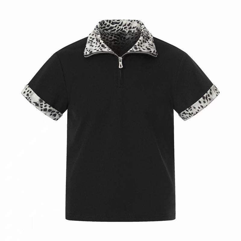 Black quarter-zip polo shirt with leopard-print collar and sleeve cuffs, short-sleeve streetwear style