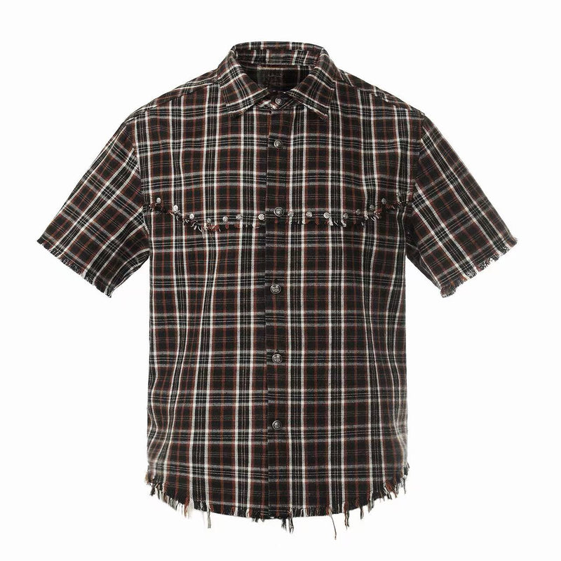 Distressed plaid short sleeve button-up shirt with raw frayed hems and streetwear styling on a white background