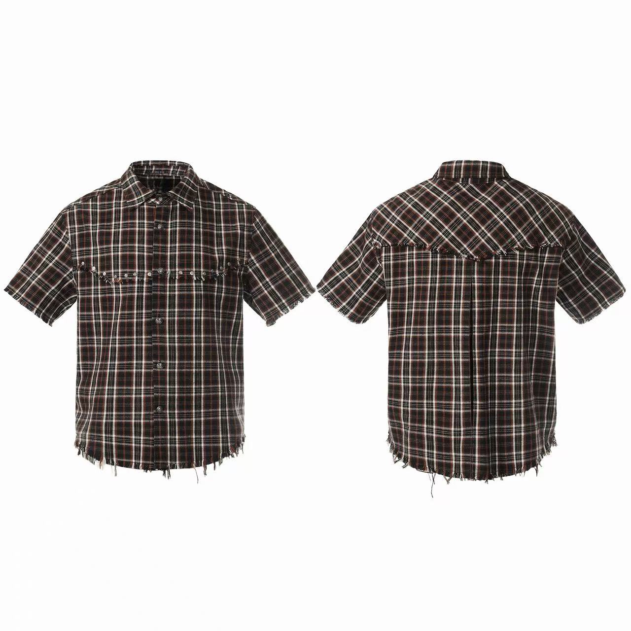 Front and back view of a distressed black plaid short sleeve shirt with frayed hem and metal stud chest detailing