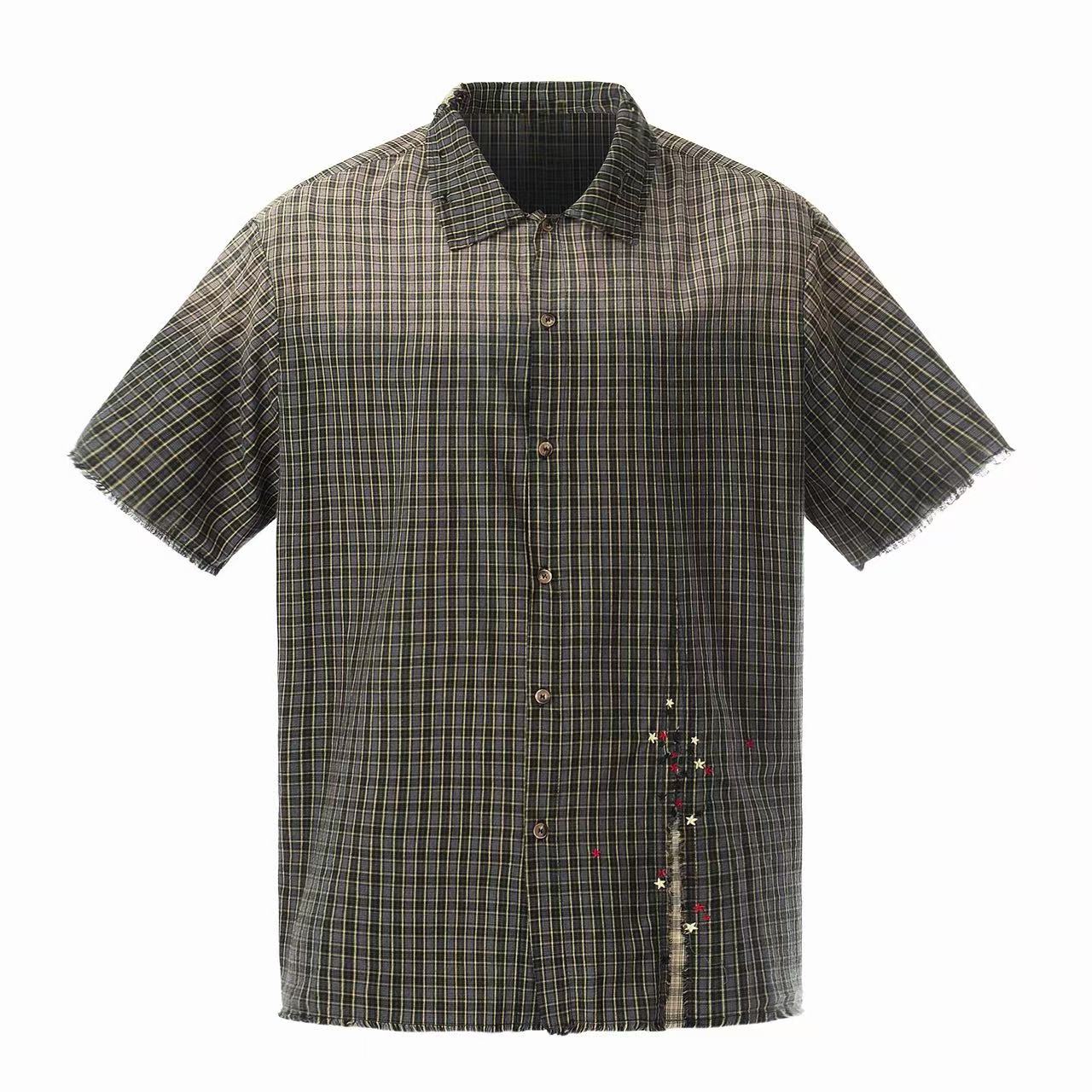 Omirad Gradient Check Distressed Plaid Shirt | Raw Edge