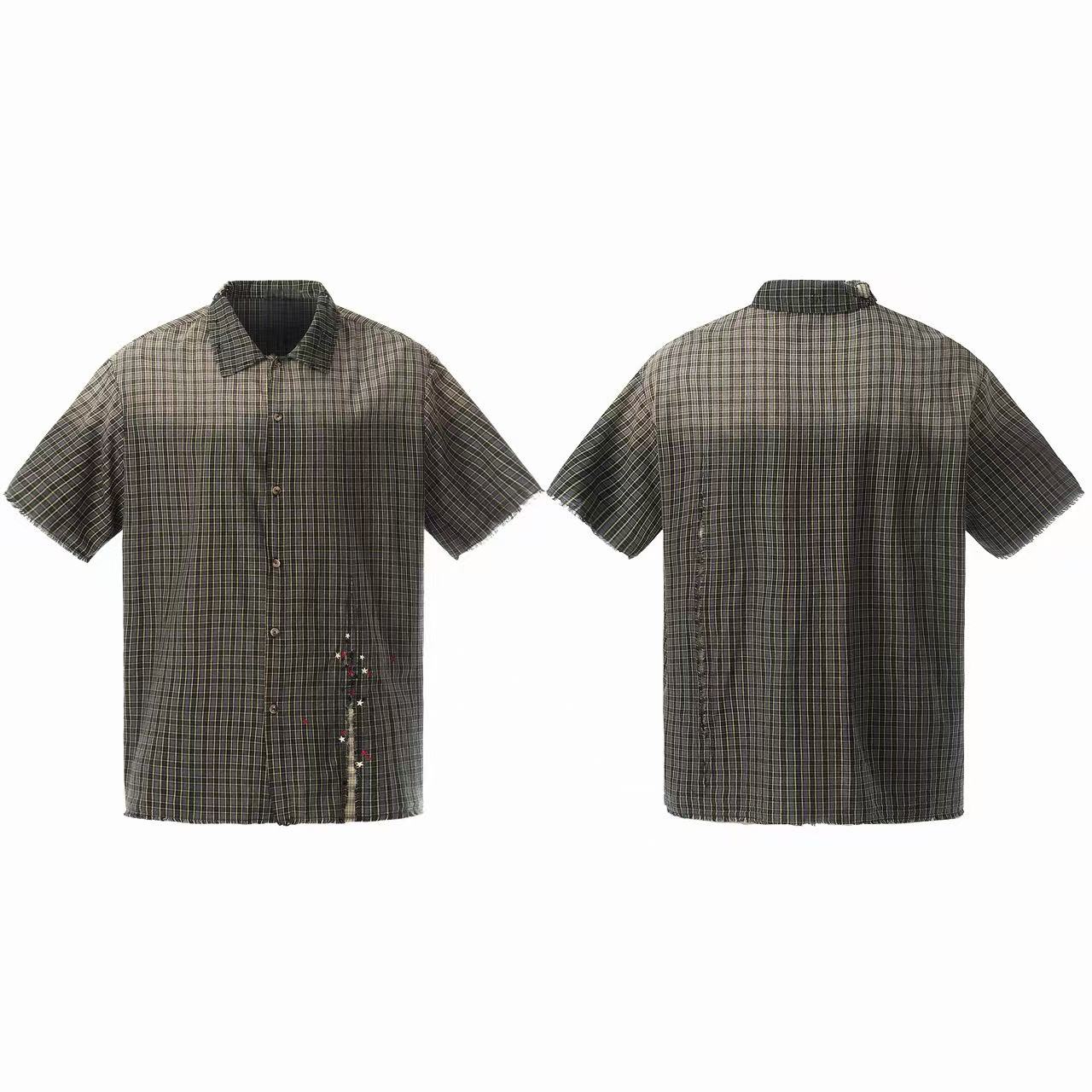 Omirad gradient-washed dark plaid short sleeve shirt with frayed edges and star graphic accent, front and back view