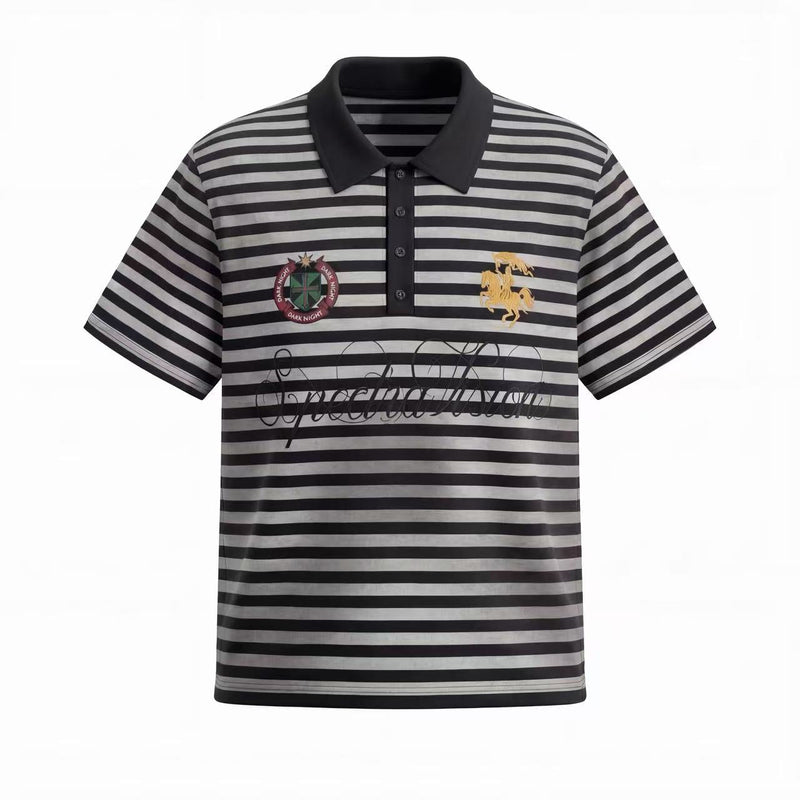 Black and grey striped short sleeve polo tee with crest and horse graphics on a white background