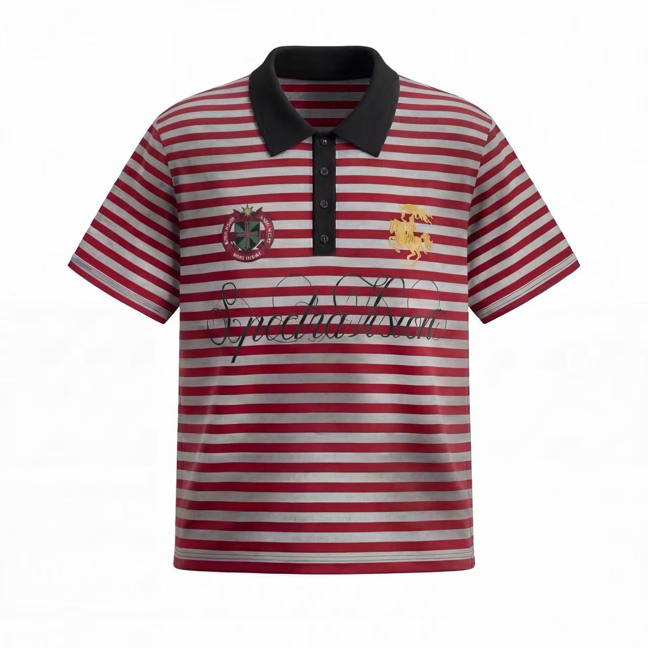 Red and grey horizontal striped men's polo tee with black collar, embroidered crest badge, gold equestrian emblem, and cursiv