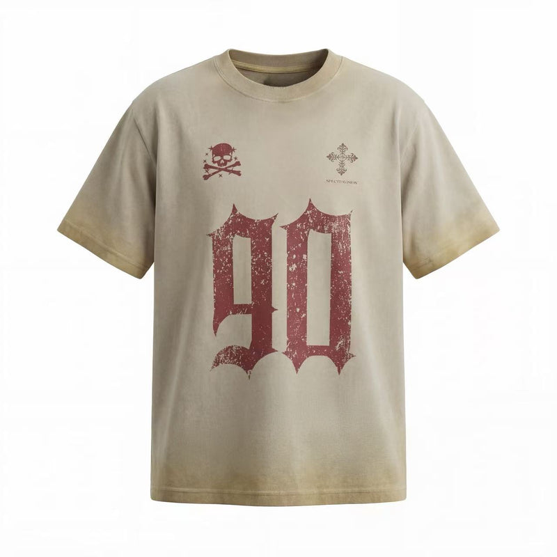 Beige distressed gothic graphic T-shirt with large red 90 print and skull cross motif
