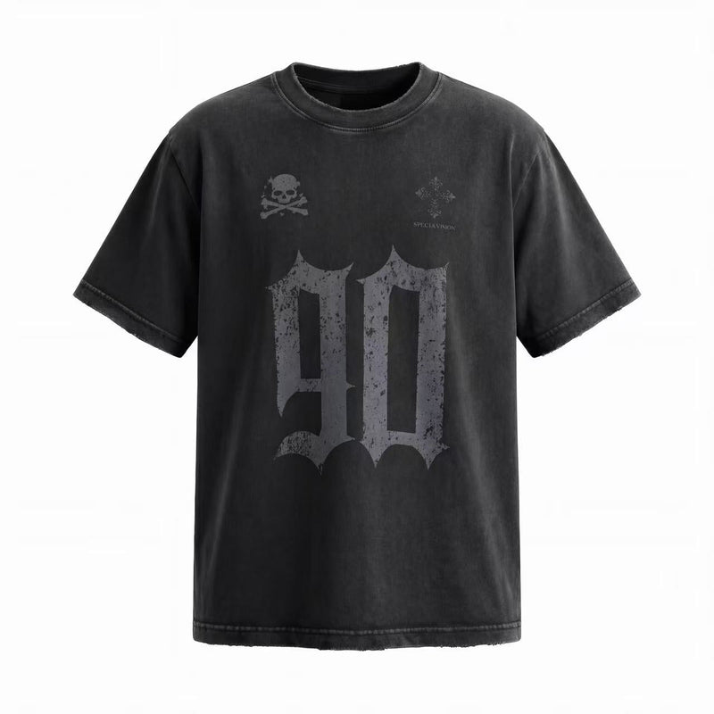 Black distressed gothic graphic T-shirt with oversized vintage 90 print and skull detail on the front
