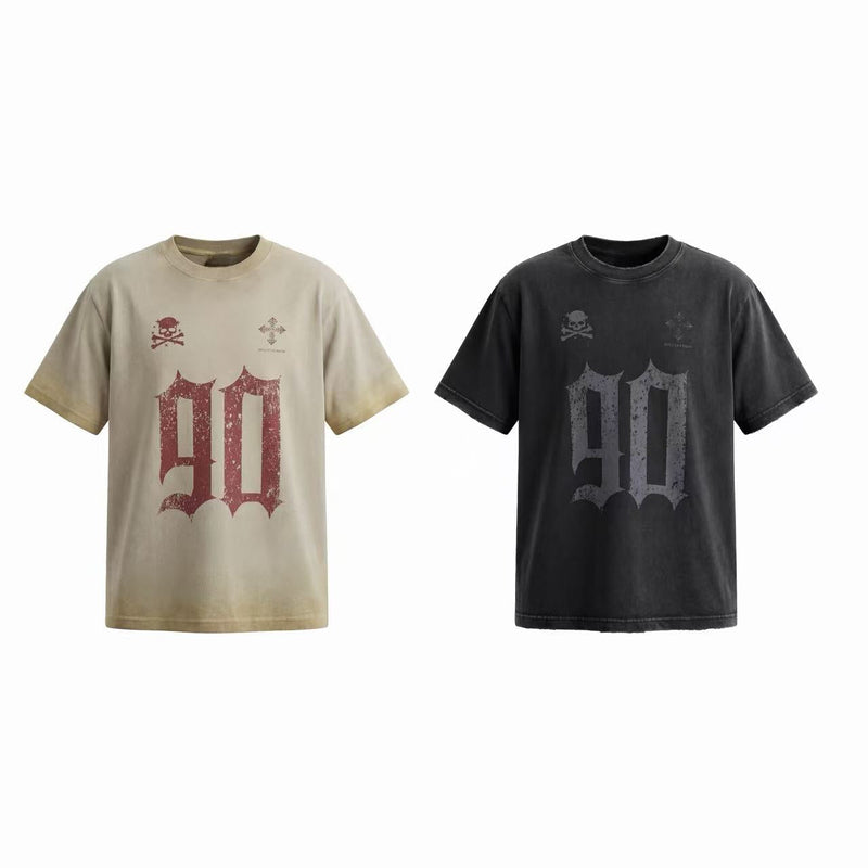 Vintage gothic graphic T-shirts with distressed 90 print, shown in beige and black short-sleeve styles
