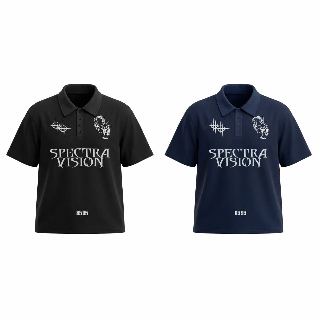 Omirad Spectra Vision Polo Tee in black and navy with gothic typography and lion chest graphic, front flat lay view