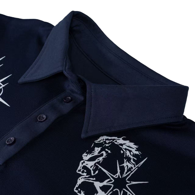 Navy graphic polo tee with button placket and white lion print on textured cotton fabric