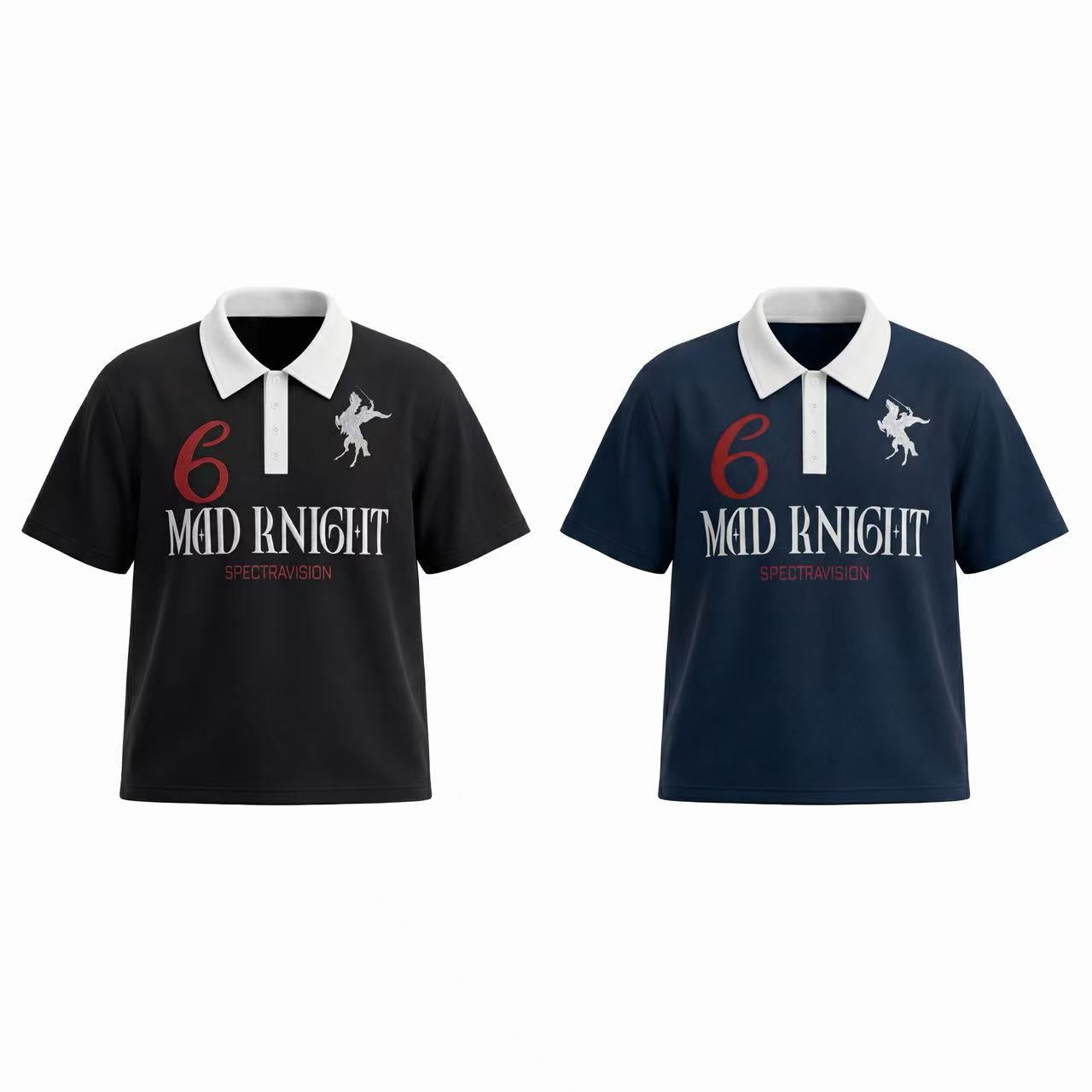 Omirad Mad Knight Polo Tee in black and navy with white contrast collar, knight graphic, and red number 6 print