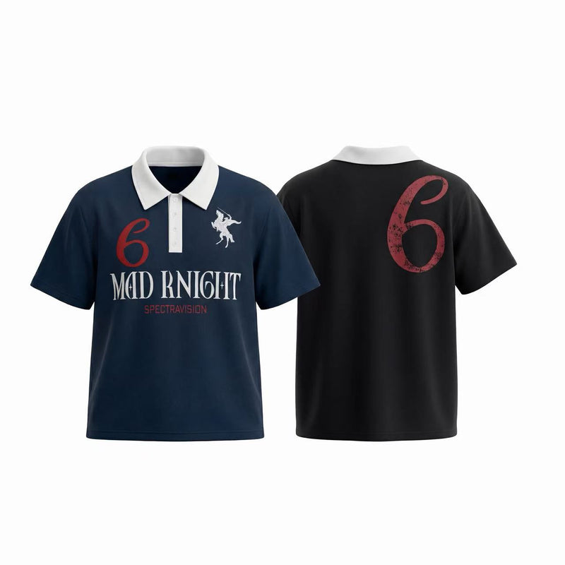Navy and black graphic polo tee with white contrast collar, red number 6, and Mad Knight print on front and back
