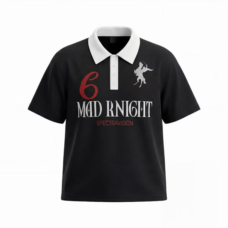 Black graphic polo tee with white contrast collar, red number print, and knight emblem on the chest