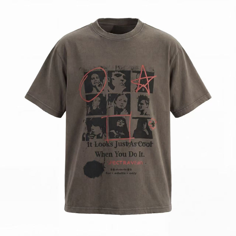 Brown vintage graphic tee with collage portraits, red star accents, and grunge-style printed text on the front