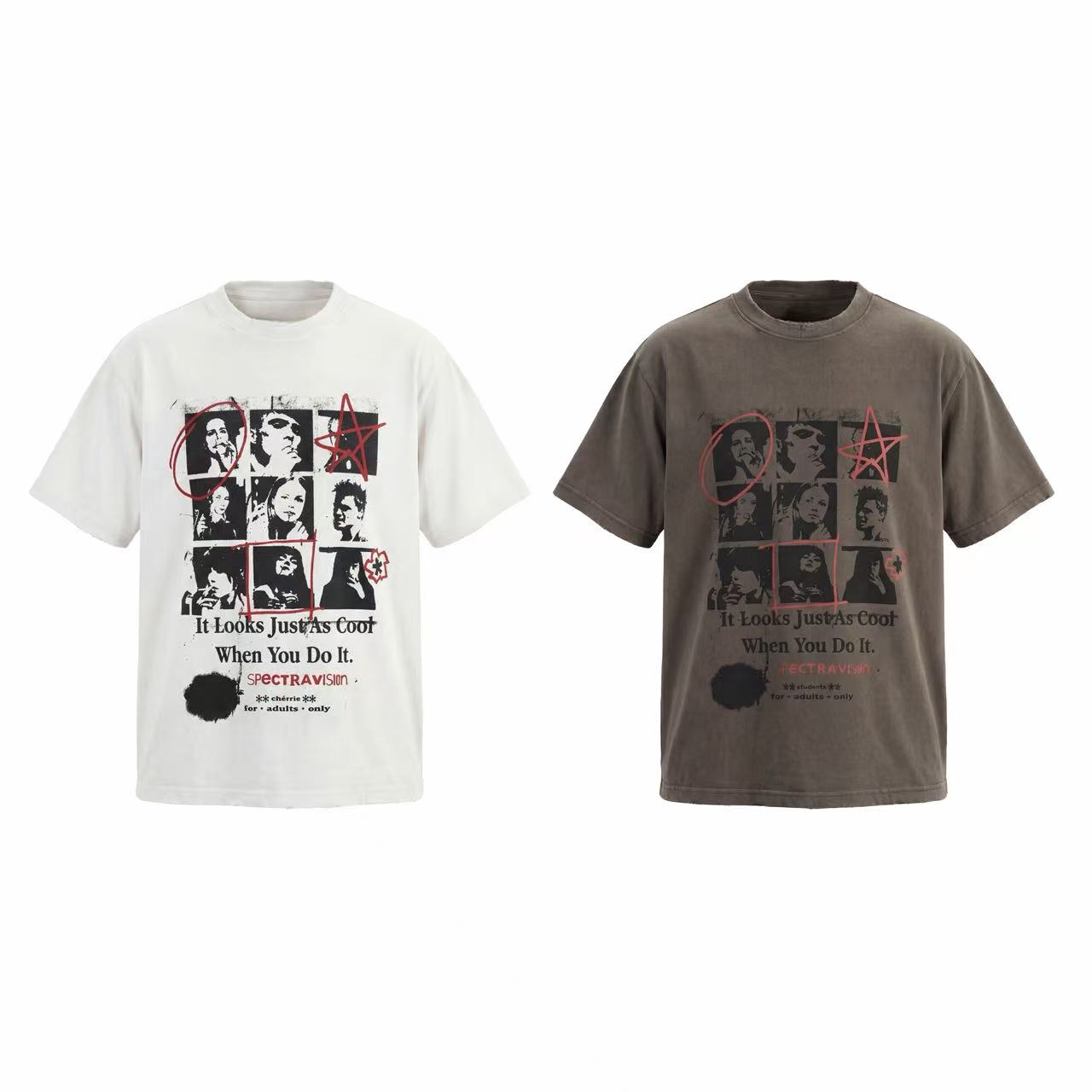 Omirad Vintage Collage Graphic Tee in off-white and washed charcoal, featuring a black-and-white portrait collage with red ha
