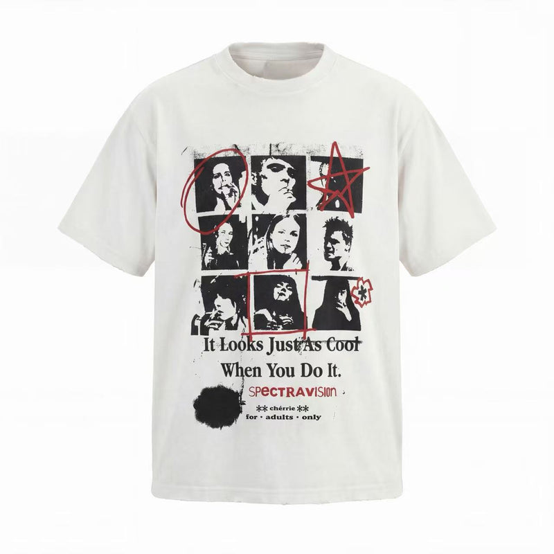 Cream cotton graphic tee with black collage portraits, red scribble accents, and vintage grunge text print