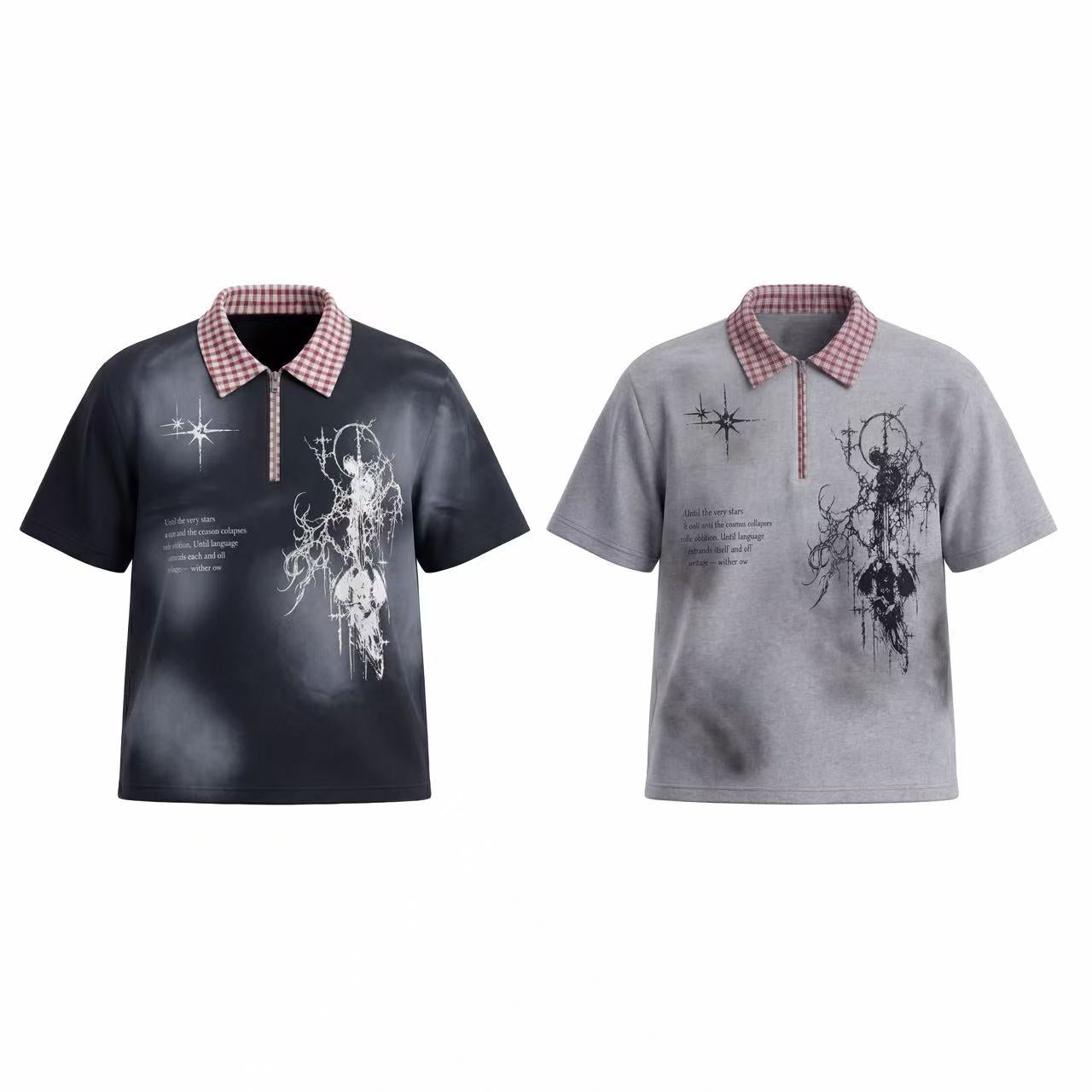 Omirad Grunge Star Zip Polo Tee in washed black and grey with gothic graphic print and red gingham collar, front view