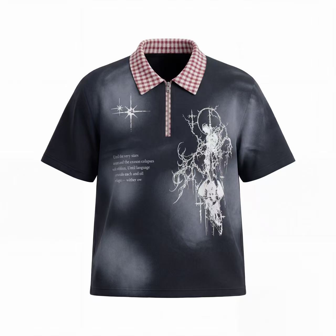 Omirad Grunge Star Zip Polo Tee | Dark Streetwear Graphic Shirt