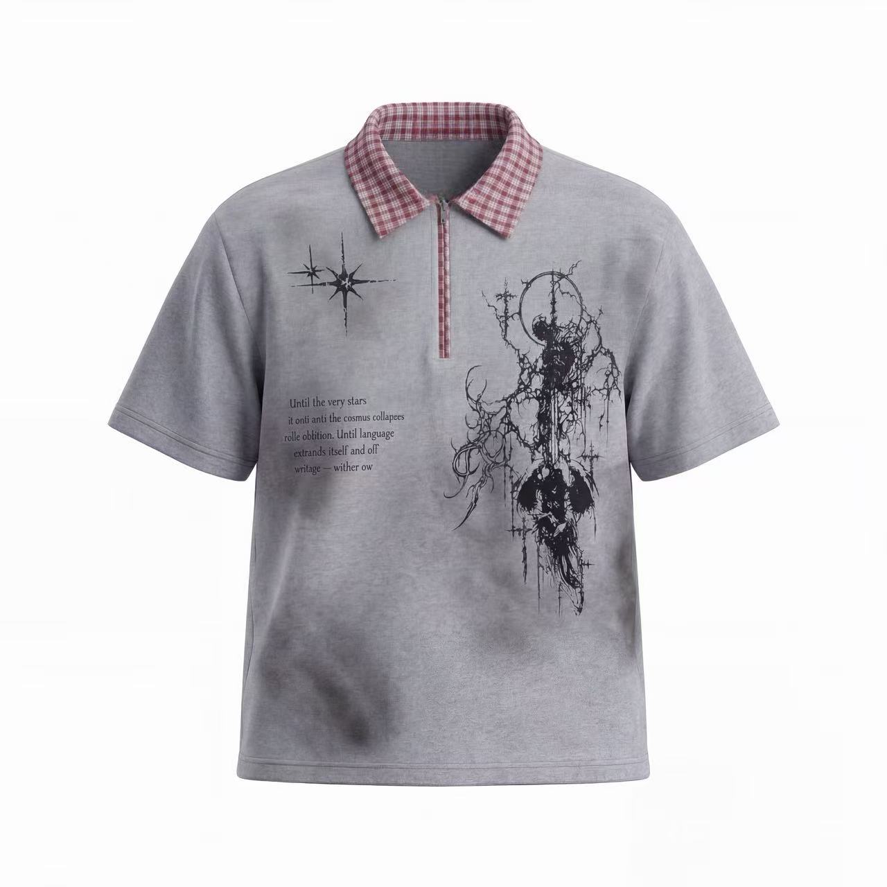 Omirad Grunge Star Zip Polo Tee | Dark Streetwear Graphic Shirt