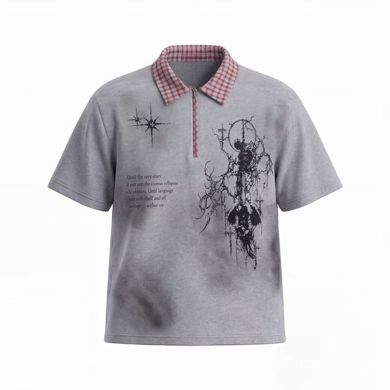 Gray zip polo tee with red plaid collar and hem, featuring grunge star graphics and abstract black streetwear print