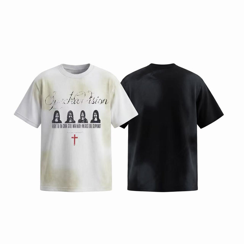 Distressed washed graphic tee with front print, shown in white and black streetwear style